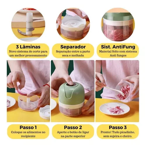 Mini Processador Elétrico Recarregável USB 250ML - Ideal para Temperos - Frutas - Amendoim