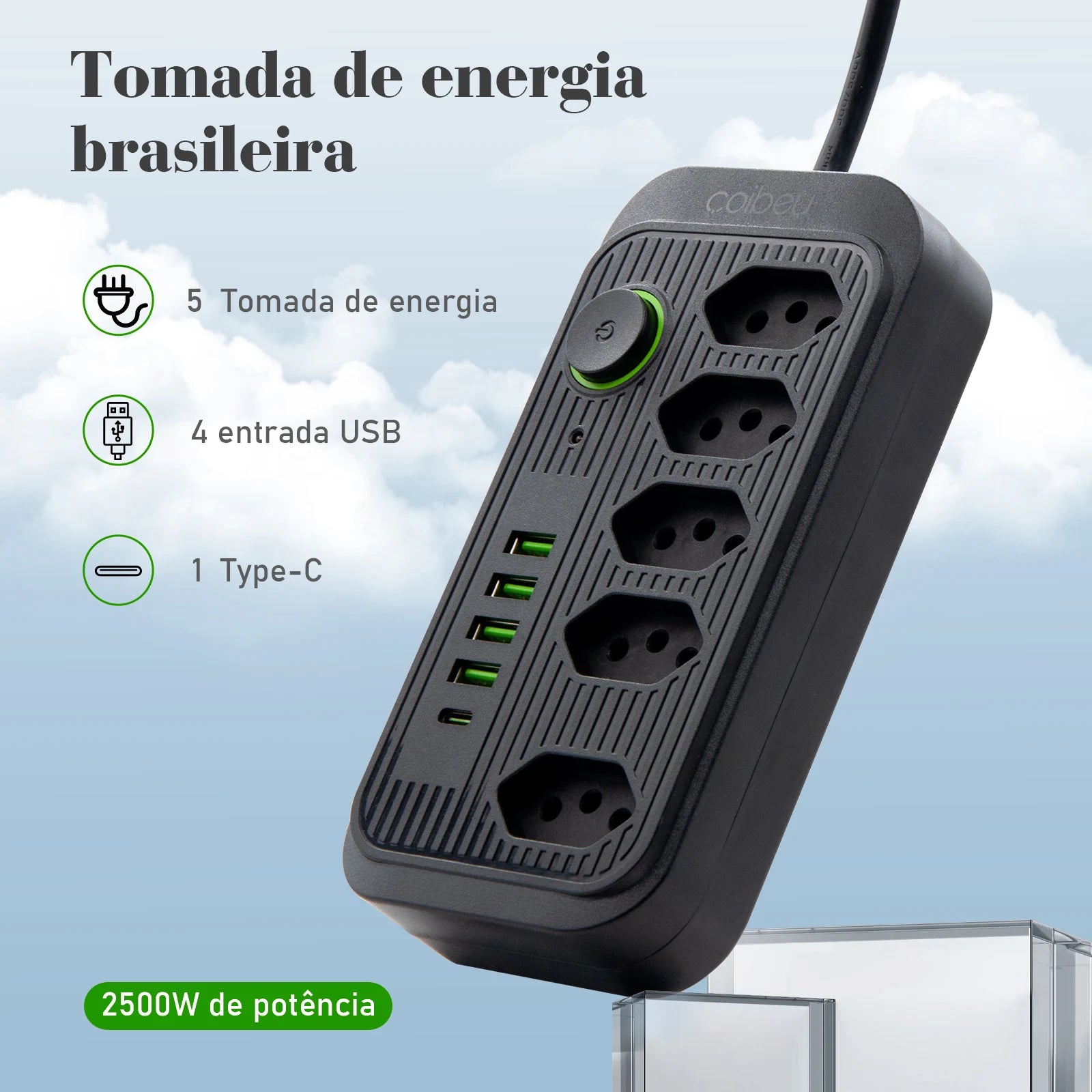 Extensão Elétrica com Plug USB 100-220V